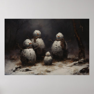 Póster Familia Jolly Snowmen en bosque oscuro
