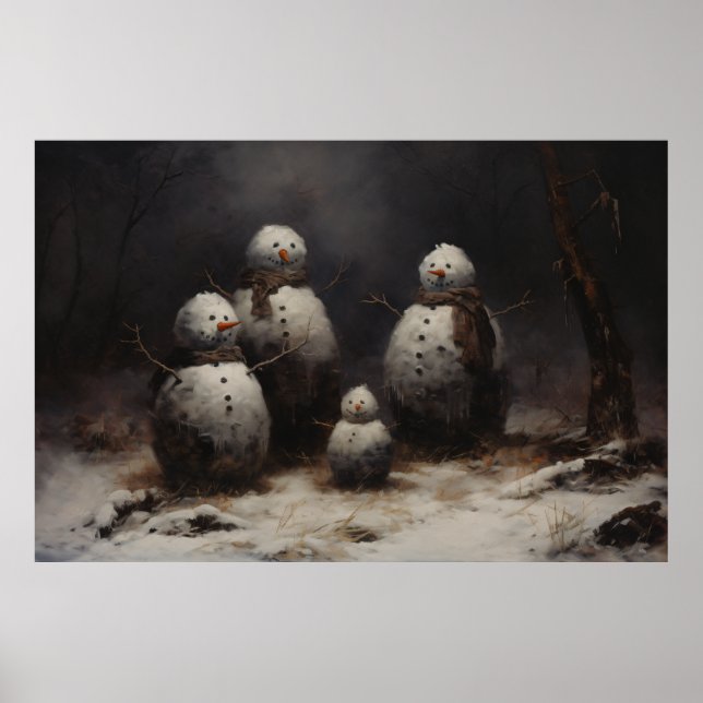 Póster Familia Jolly Snowmen en bosque oscuro (Frente)