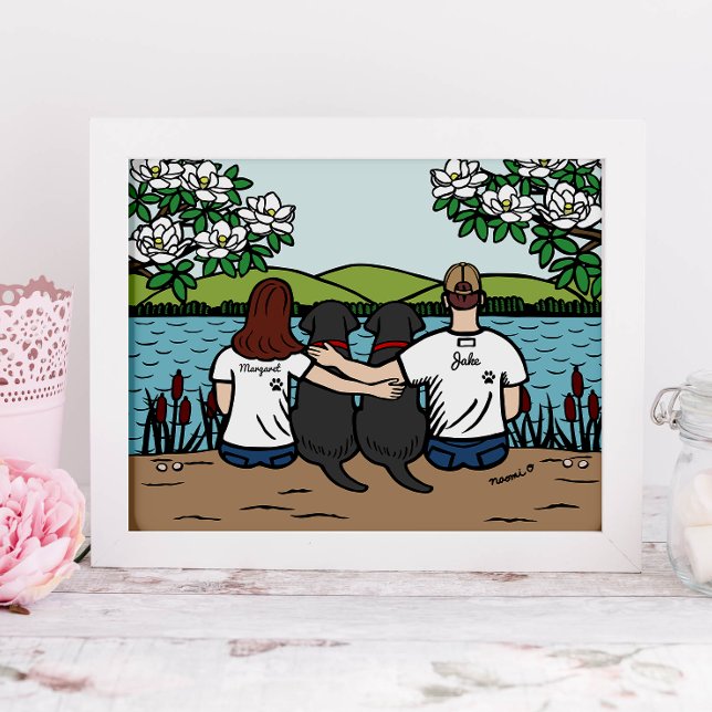 Póster Familia Labrador Negra Personalizada Marrón Largo (Personalized Family Portrait for Black Labrador Owners.  Two Black Lab and their Parents.)