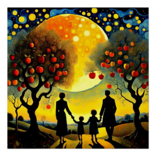 Póster Familia mirando al cielo nocturno