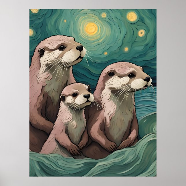 Póster Familia Otter en un océano nocturno estrellado (Frente)