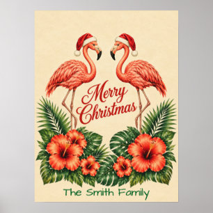 Póster Familia personalizada de flamenco navideño retro d