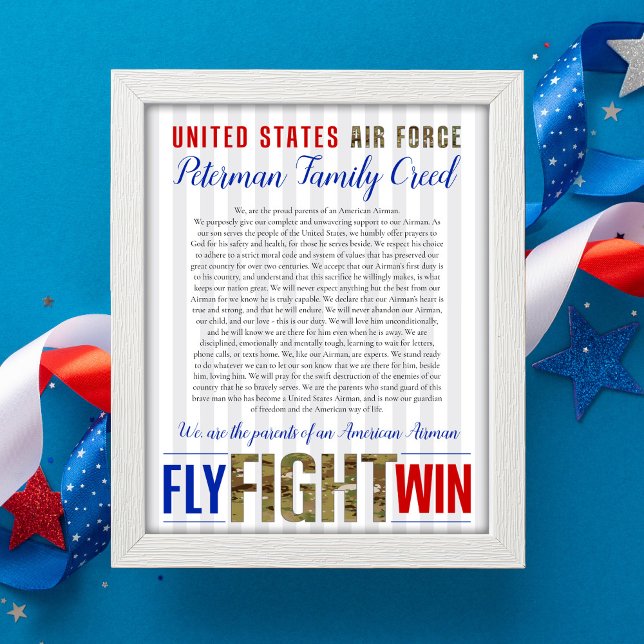Póster Familia personalizado de la Fuerza Aérea 8x10 de l (Custom Air Force Family Creed Poster, wall decor, patriotic wall art, USA flag, camouflage, Parents )