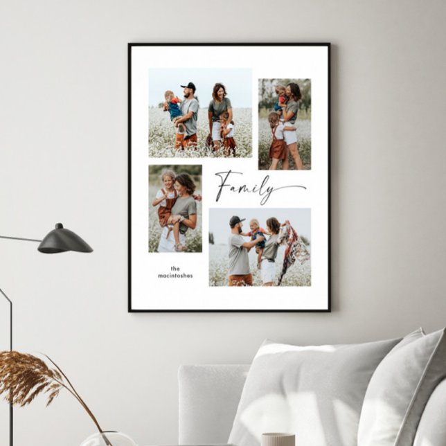 Póster Familia simple de Collage de fotos blanco y negro (Simple black and white script family 4 photo collage print poster.)