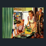 Póster Familia ventilado en la cocina que mamá papá niños<br><div class="desc">Escena de la vida diaria de un ilustracion de época con una familia con mamá y los niños en la cocina a punto de tomar un aperitivo por la tarde con botellas de refrescos y galletas recién horneadas. La puerta del refrigerador está abierta y papá está entrando de un largo...</div>