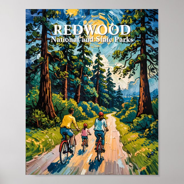 Póster Family Bike Ride in Redwood National Park Painting (Frente)