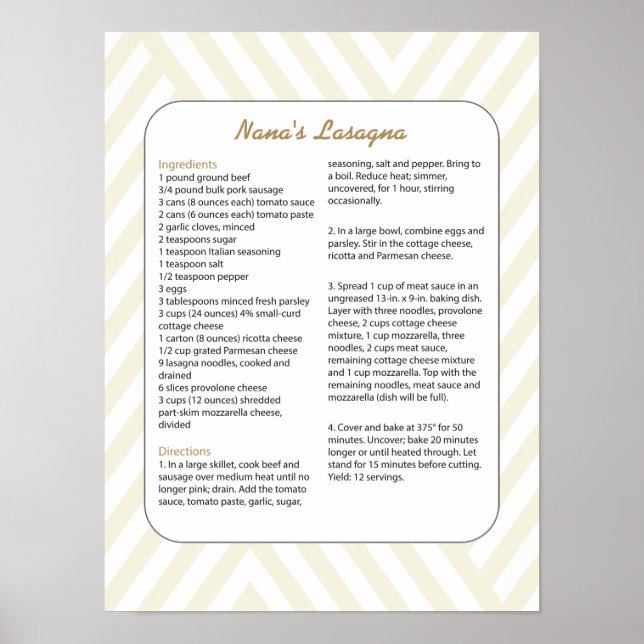 Póster Family Favorite Recipe Chevron - Lasagna (Frente)