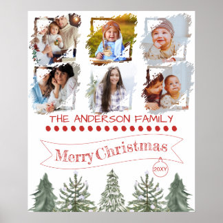 Póster Family Photo Collage Pine Trees Vintage Christmas