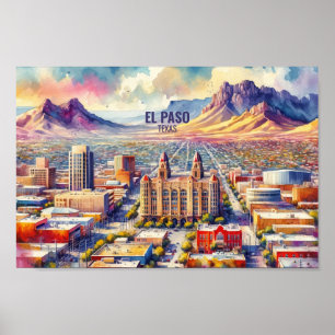 Póster Famosos lugares de viaje de El Paso Texas acuarela