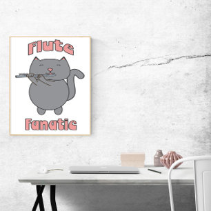 Póster Fanático de la Flauta Gato Gris Rosa Divertido