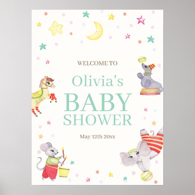 Póster Fancy Circo Carnaval Animales Bienvenida al Baby S (Frente)