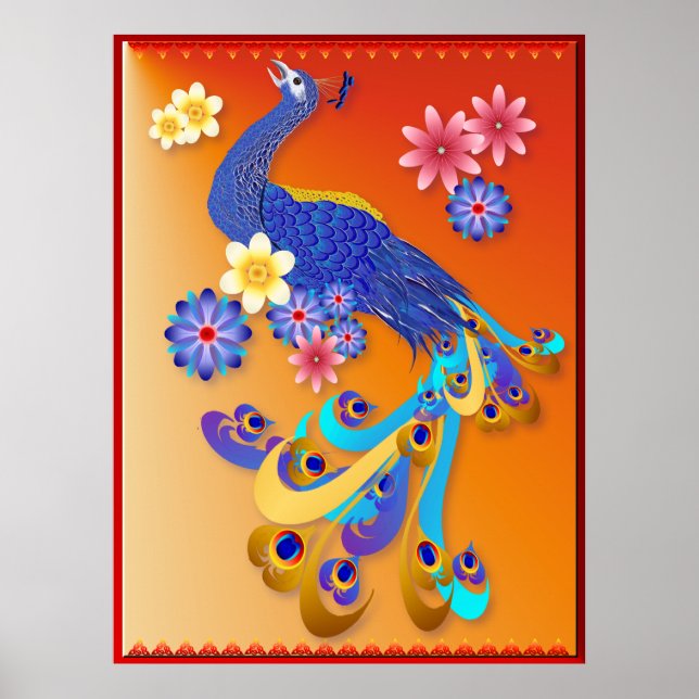 Póster Fancy Peacock and Flowers Poster (Frente)