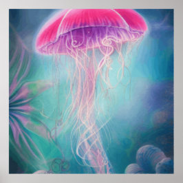 Póster Fantasía Abstracta Jellyfish Rosa En El Océano