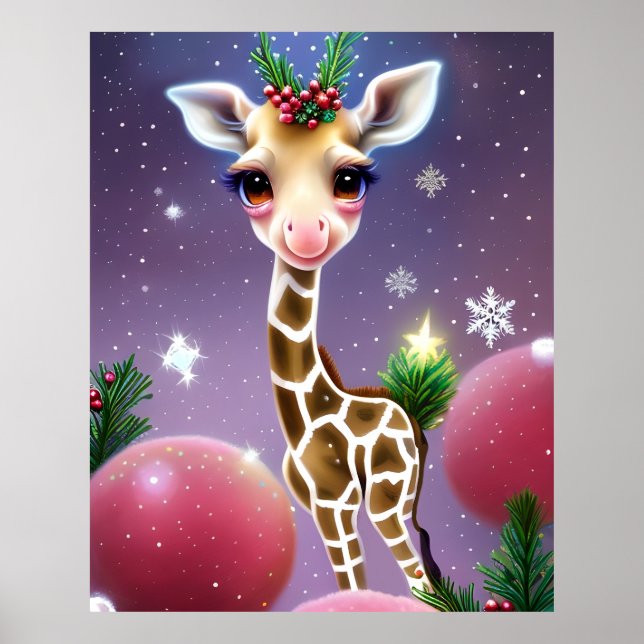 Póster Fantasía Adorable bebé Giraffe con Holly (Frente)