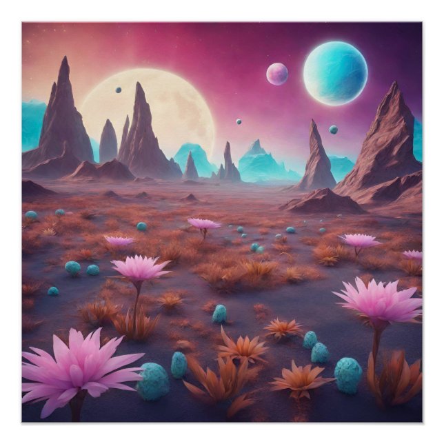 Póster Fantasía ajena al paisaje del planeta con flores (Anverso)
