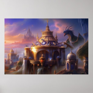 Póster Fantasía Art Fairytale Castillos Dragón Místico