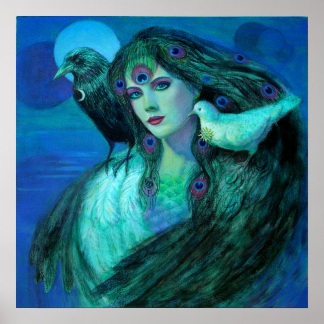 Póster Fantasía Art Poster Peacock Feather Lady birds cro (Frente)