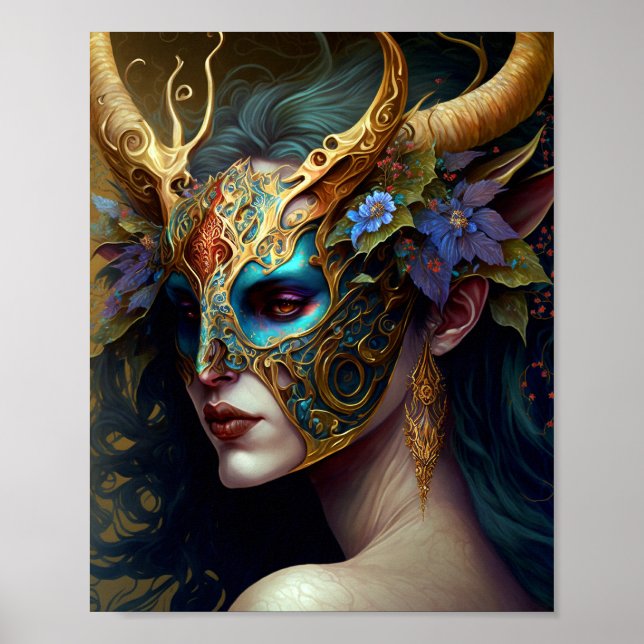Póster Fantasía artística de la mujer elfo con cuernos (Frente)