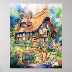 Póster Fantasía Caprichosa Acuarela Animales de Cabaña Ni