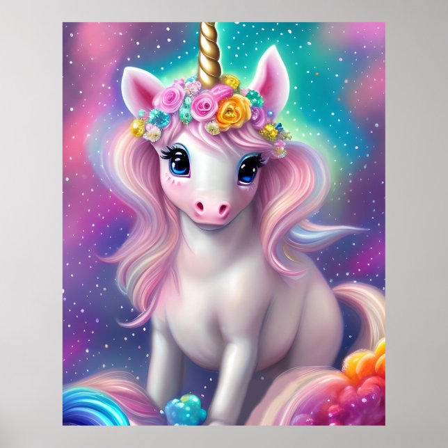 Póster Fantasía colorida Kawaii Unicorn (Frente)