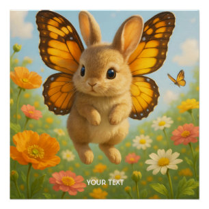 Póster Fantasia Conejito Flores Alas