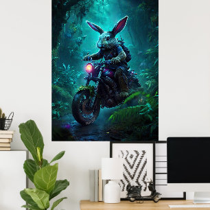 Póster Fantasía Conejo De Conejo En Motocicleta