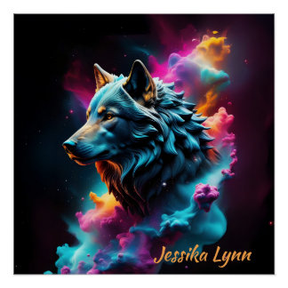 Póster Fantasía cósmica surrealista Wolf Personalizado Re