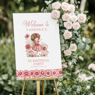 Póster Fantasía Cumpleaños 1 Bienvenida Hada Rosa Floral 
