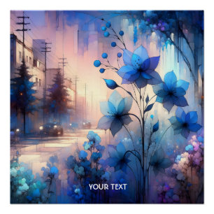 Póster Fantasía Cute Blue Flowers City