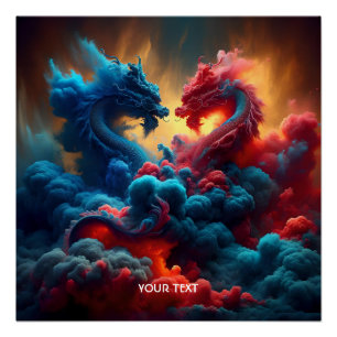 Póster Fantasía Cute Dragones Azules Rojos