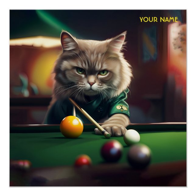 Póster Fantasía Cute Gato Jugando Snooker (Anverso)