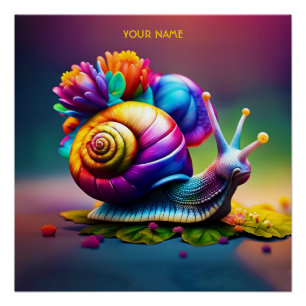 Póster Fantasía Cute Snail Con Flores