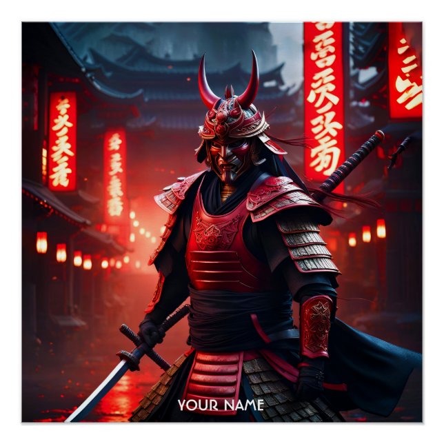 Póster Fantasía Cute Vivid Samurai En Rojo (Anverso)