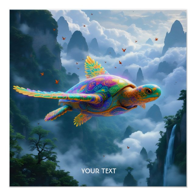 Póster Fantasía cute volando tortuga arcoiris (Anverso)