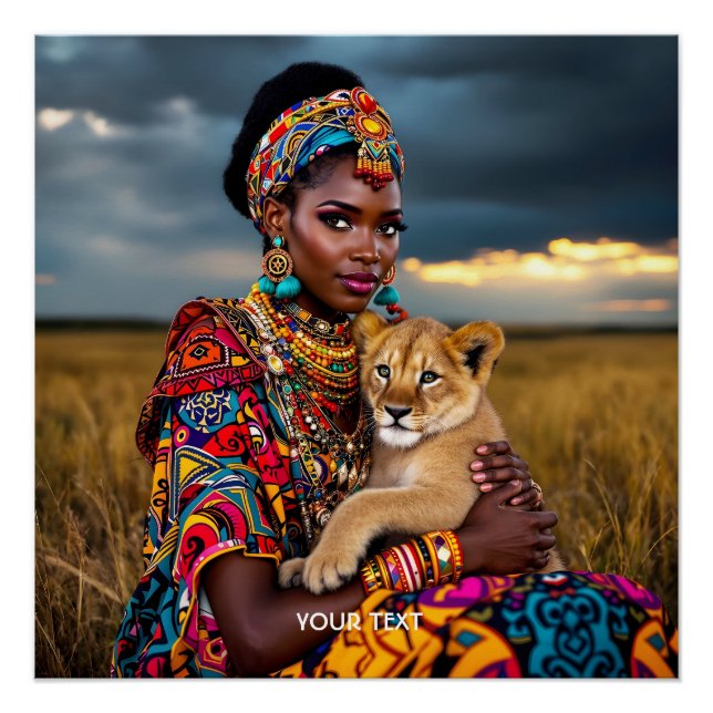 Póster Fantasía cutre mujer africana león (Anverso)