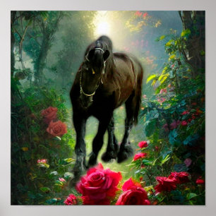 Póster Fantasía de caballos frisón de belleza negra - Pos