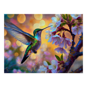 Póster Fantasía de Flor de Cerezo Amanecer Colibrí