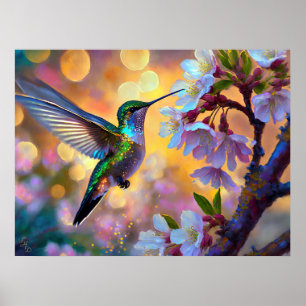 Póster Fantasía de Flor de Cerezo Amanecer Colibrí