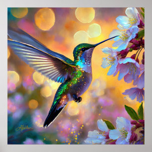 Póster Fantasía de flor de cerezo Colibrí
