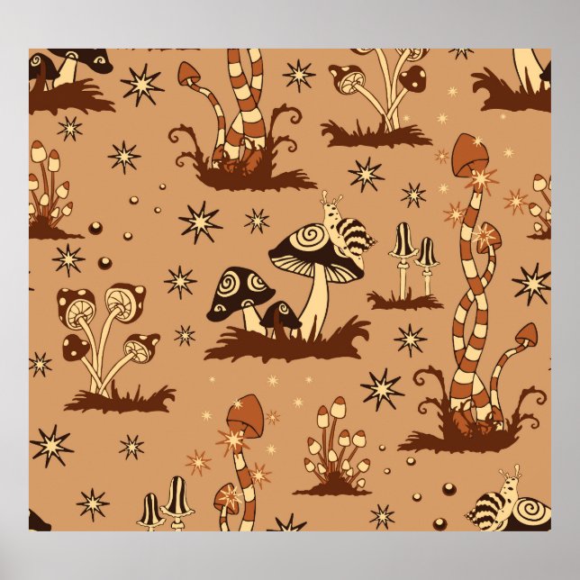 Póster Fantasía de hongos, tapicería de bosque vintage. (Frente)