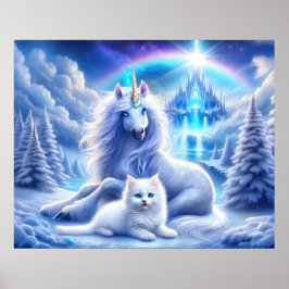 Póster Fantasía de invierno con unicornio y gatito hermos