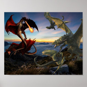 Póster Fantasía de la batalla de los dragones rojos y ver