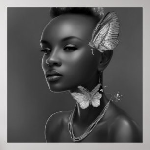 Póster Fantasía de mariposas de mujeres africanas blancas