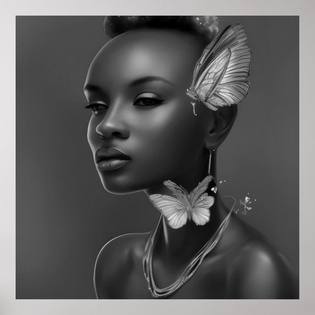 Póster Fantasía de mariposas de mujeres africanas blancas (Frente)