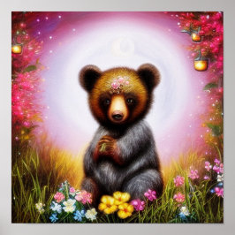 Póster Fantasía de oso cachorro y flores