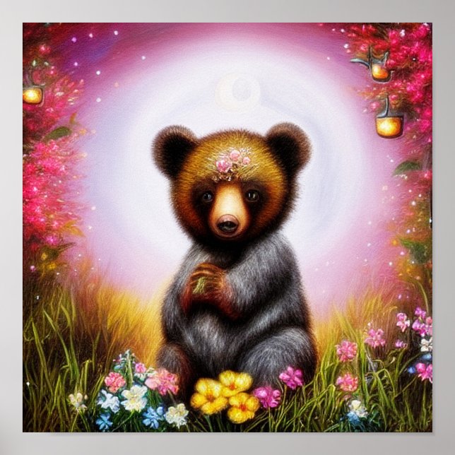 Póster Fantasía de oso cachorro y flores (Frente)
