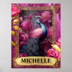 Póster Fantasia de pavo real y rosas fucsias románticas