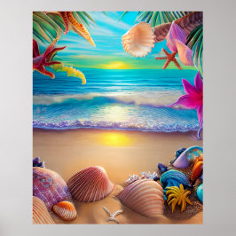 Póster Fantasía de playa mística con flores tropicales