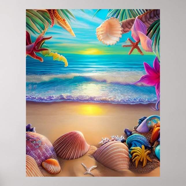 Póster Fantasía de playa mística con flores tropicales (Frente)