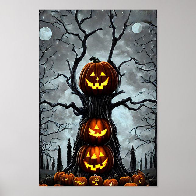Póster fantasía de un árbol de calabaza de linternas jack (Frente)